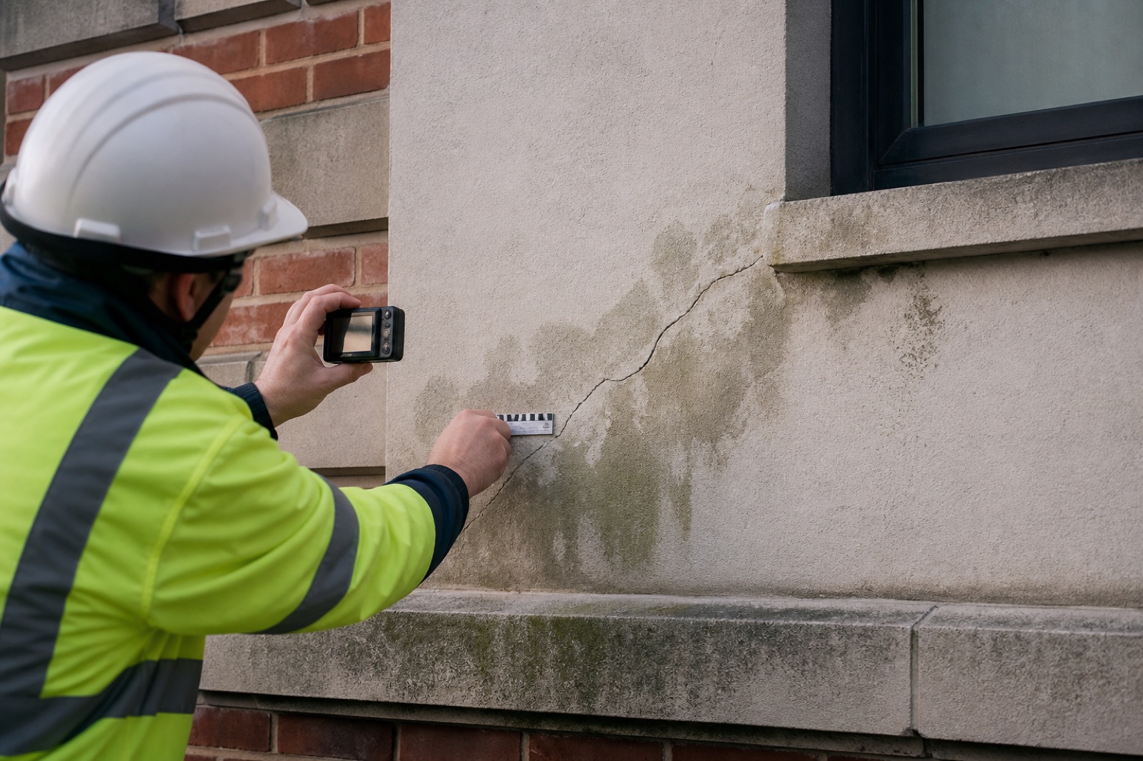 Building inspector documenting cracking and moisture staining on a facade